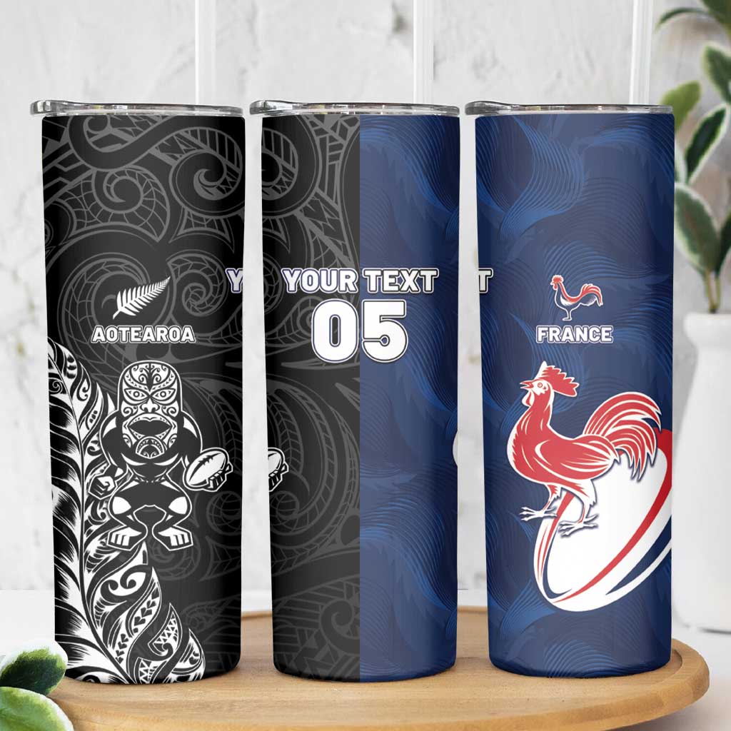 France And New Zealand Rugby Custom Skinny Tumbler Les Bleus Rooster With Maori Tiki - Aussie Hoodie