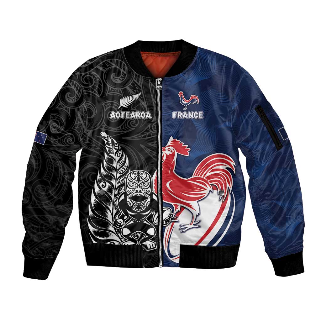 France And New Zealand Rugby Custom Sleeve Zip Bomber Jacket Les Bleus Rooster With Maori Tiki - Aussie Hoodie