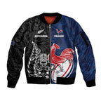 France And New Zealand Rugby Custom Sleeve Zip Bomber Jacket Les Bleus Rooster With Maori Tiki - Aussie Hoodie