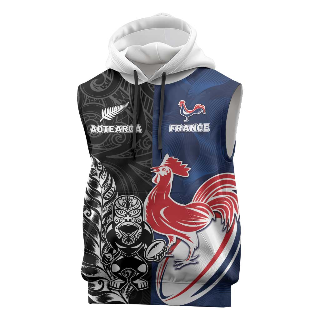 France And New Zealand Rugby Custom Sleeveless Hoodie Les Bleus Rooster With Maori Tiki - Aussie Hoodie