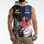 France And New Zealand Rugby Custom Sleeveless Hoodie Les Bleus Rooster With Maori Tiki - Aussie Hoodie
