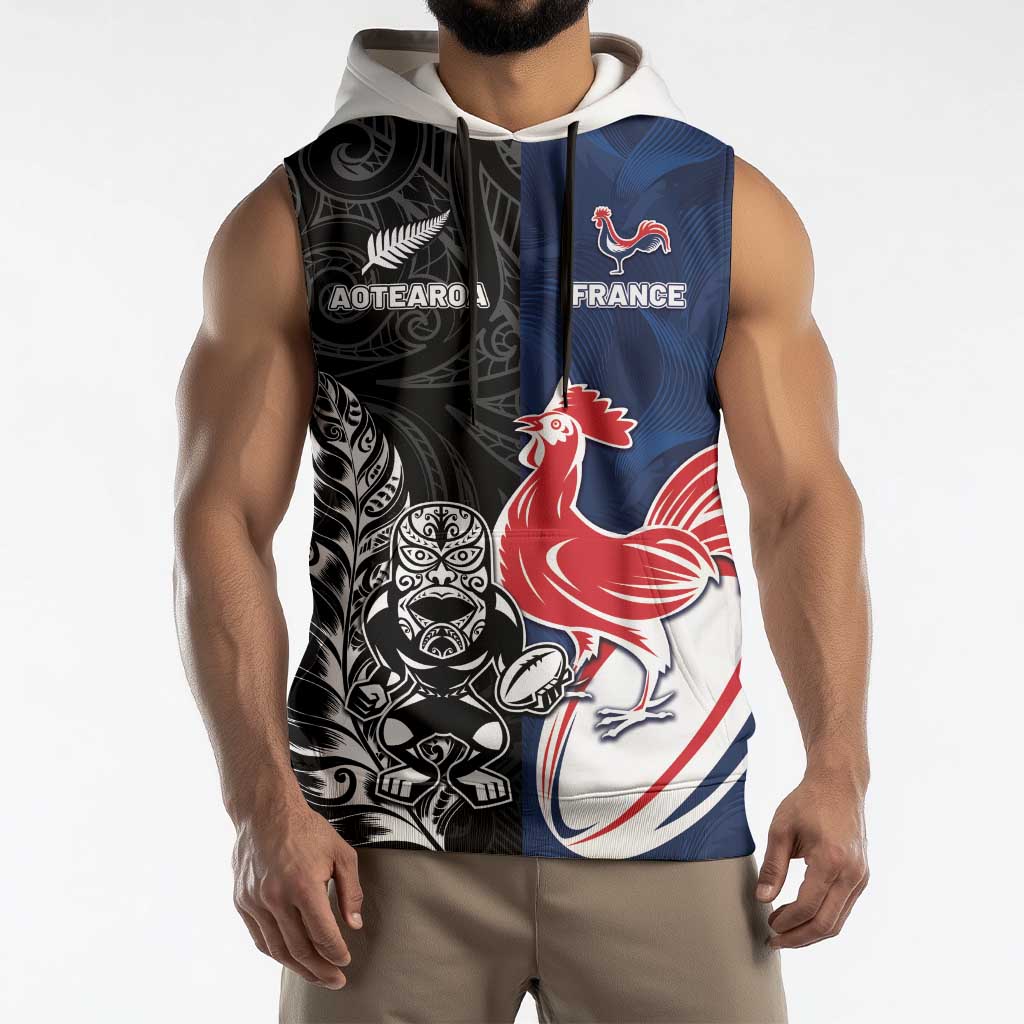 France And New Zealand Rugby Custom Sleeveless Hoodie Les Bleus Rooster With Maori Tiki - Aussie Hoodie