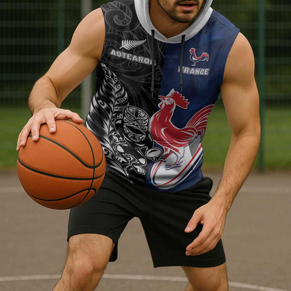 France And New Zealand Rugby Custom Sleeveless Hoodie Les Bleus Rooster With Maori Tiki - Aussie Hoodie