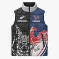 France And New Zealand Rugby Custom Sleeveless Puffer Jacket Les Bleus Rooster With Maori Tiki - Aussie Hoodie