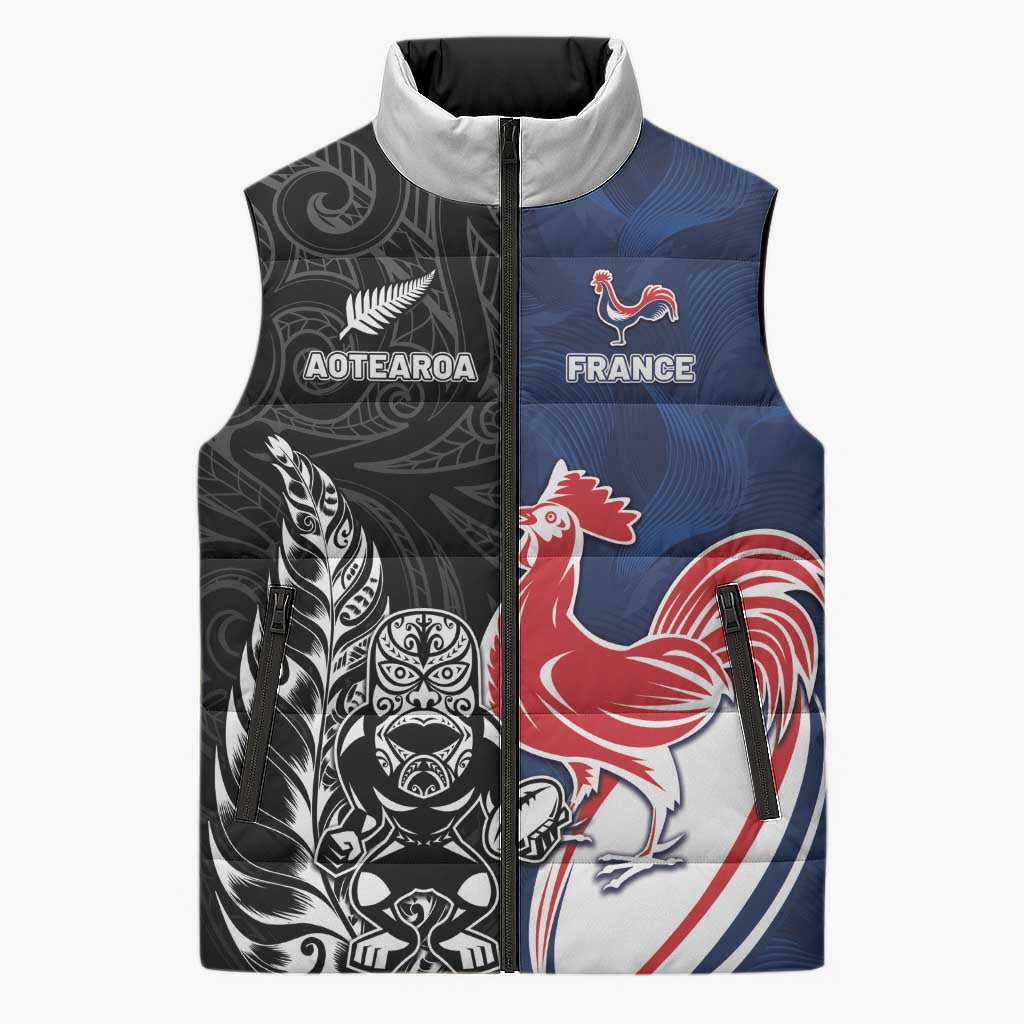 France And New Zealand Rugby Custom Sleeveless Puffer Jacket Les Bleus Rooster With Maori Tiki - Aussie Hoodie