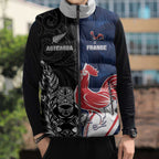 France And New Zealand Rugby Custom Sleeveless Puffer Jacket Les Bleus Rooster With Maori Tiki - Aussie Hoodie