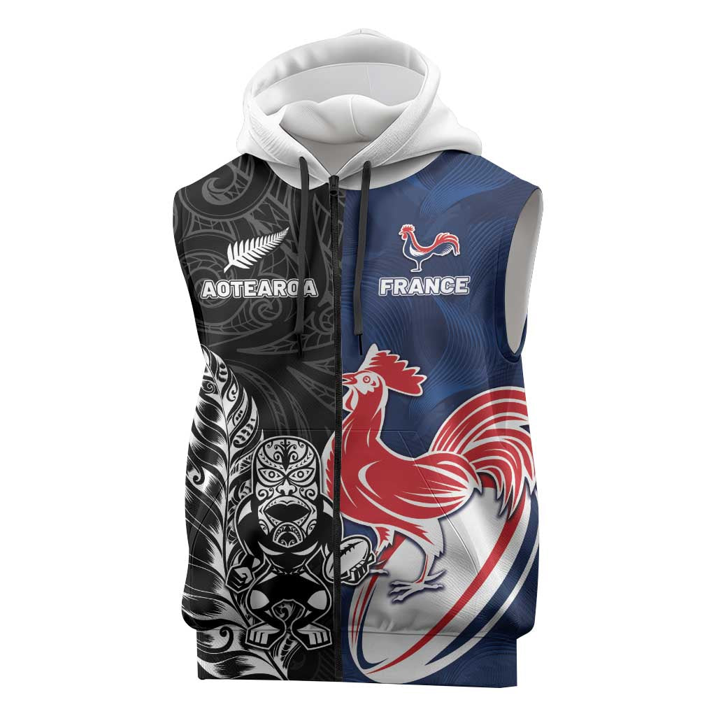 France And New Zealand Rugby Custom Sleeveless Zip Hoodie Les Bleus Rooster With Maori Tiki - Aussie Hoodie