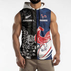 France And New Zealand Rugby Custom Sleeveless Zip Hoodie Les Bleus Rooster With Maori Tiki - Aussie Hoodie
