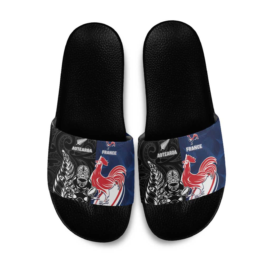 France And New Zealand Rugby Slide Sandals Les Bleus Rooster With Maori Tiki - Aussie Hoodie