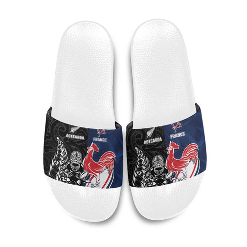 France And New Zealand Rugby Slide Sandals Les Bleus Rooster With Maori Tiki - Aussie Hoodie