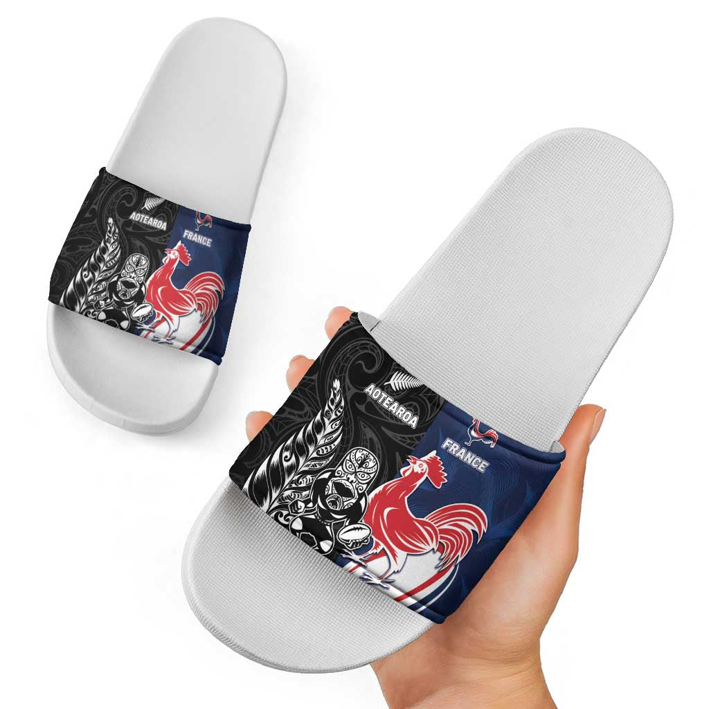 France And New Zealand Rugby Slide Sandals Les Bleus Rooster With Maori Tiki - Aussie Hoodie