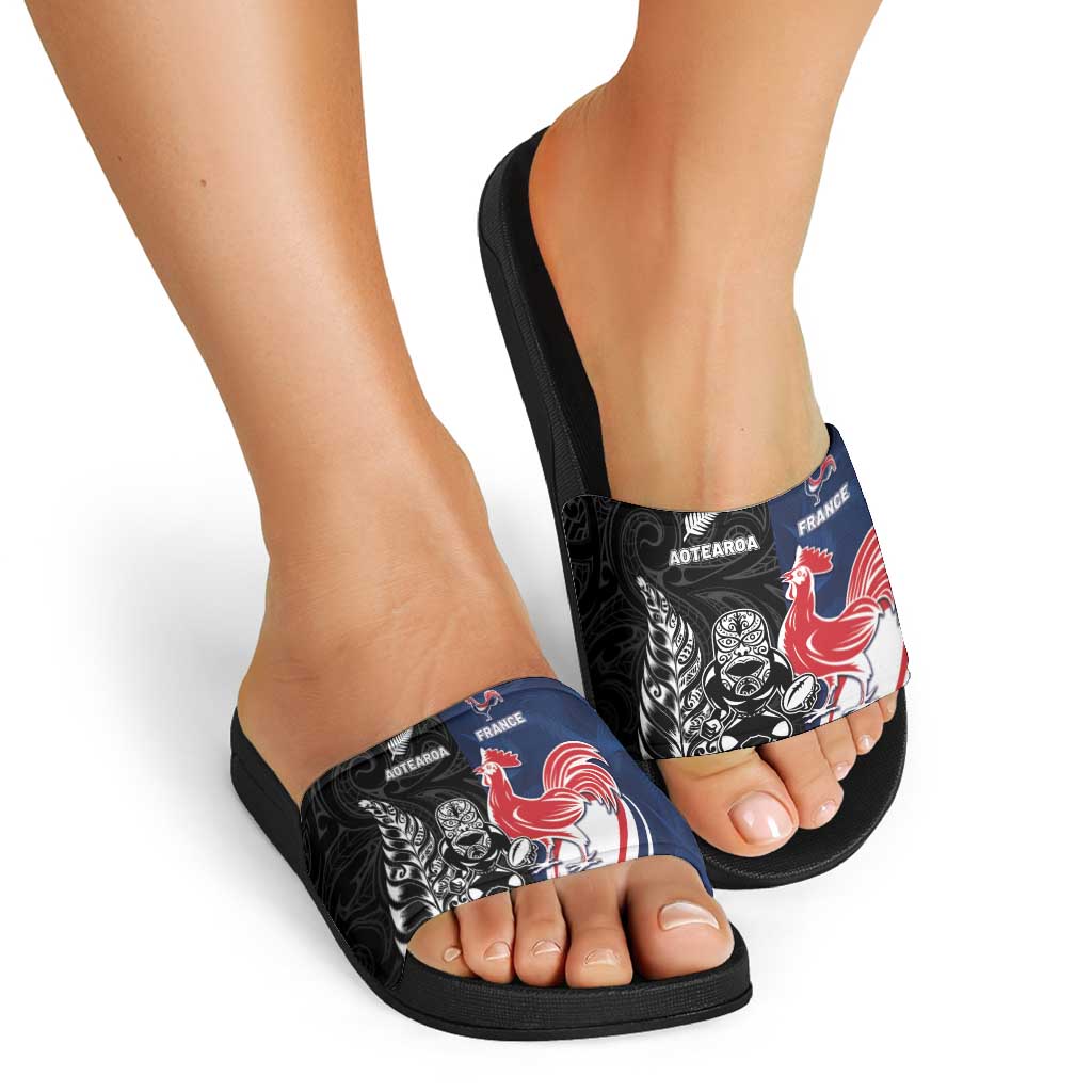 France And New Zealand Rugby Slide Sandals Les Bleus Rooster With Maori Tiki - Aussie Hoodie