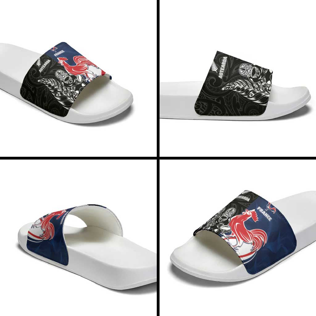 France And New Zealand Rugby Slide Sandals Les Bleus Rooster With Maori Tiki - Aussie Hoodie