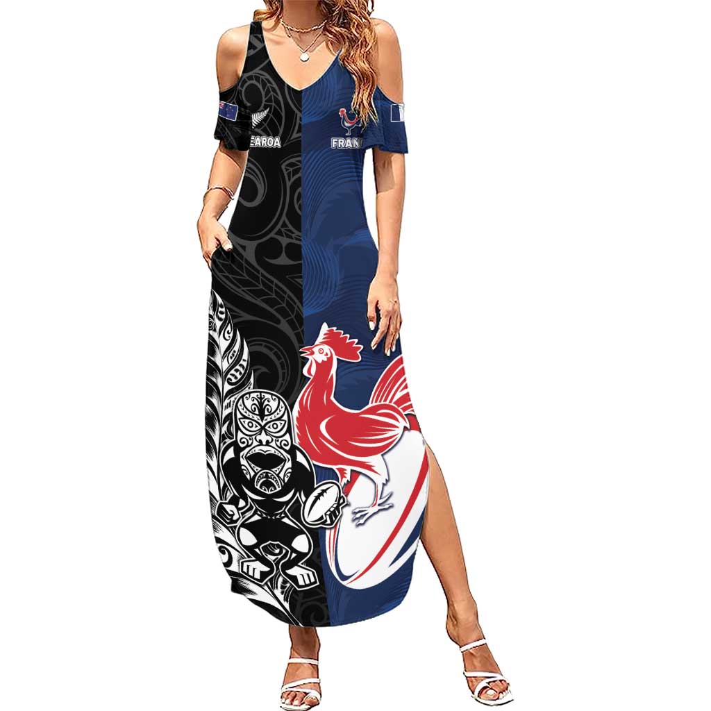 France And New Zealand Rugby Custom Summer Maxi Dress Les Bleus Rooster With Maori Tiki - Aussie Hoodie