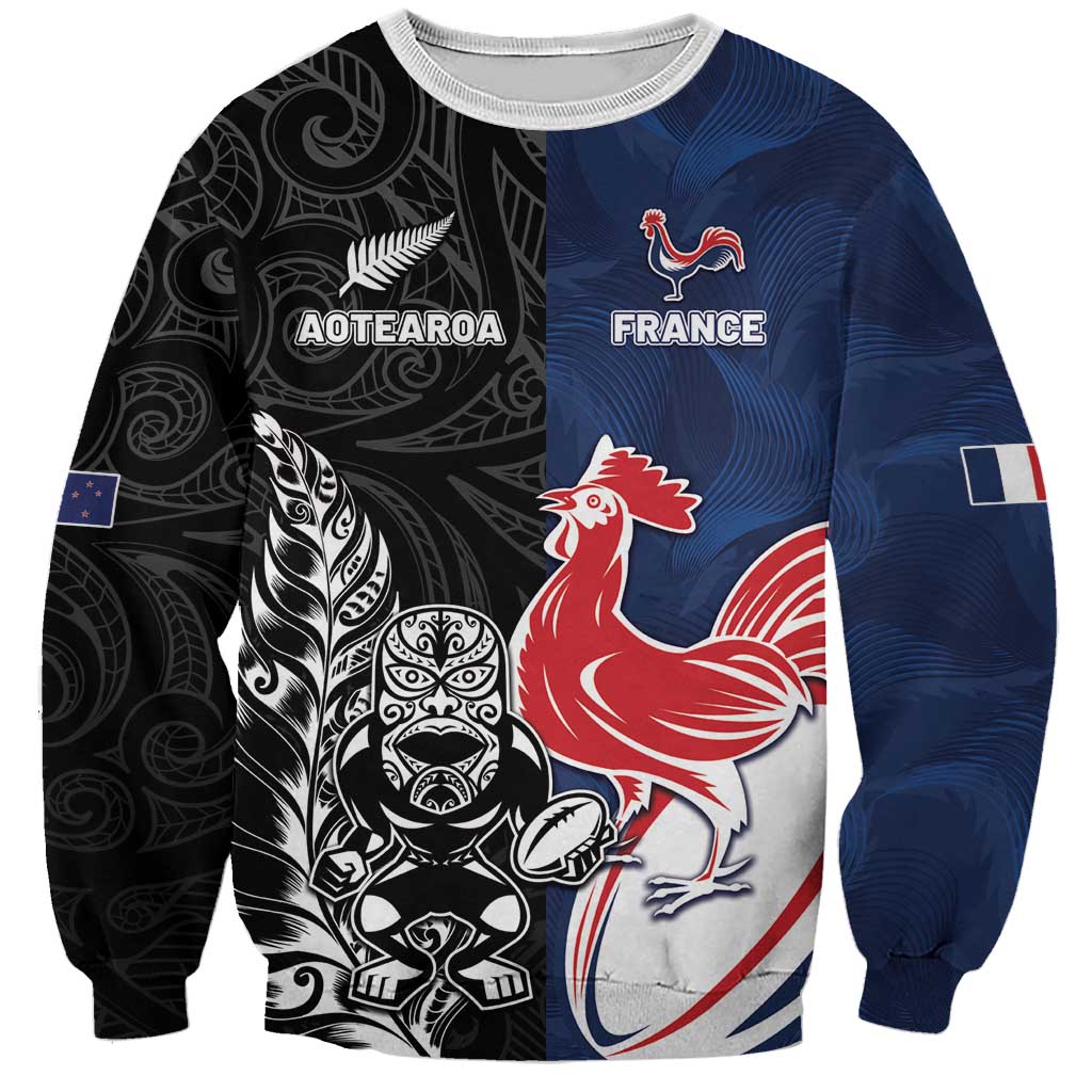France And New Zealand Rugby Custom Sweatshirt Les Bleus Rooster With Maori Tiki - Aussie Hoodie