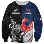 France And New Zealand Rugby Custom Sweatshirt Les Bleus Rooster With Maori Tiki - Aussie Hoodie
