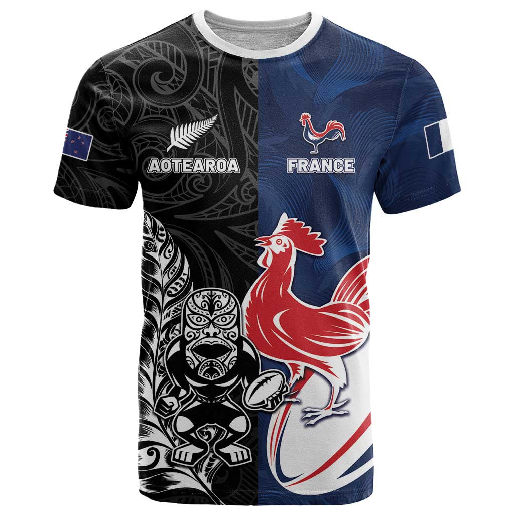 France And New Zealand Rugby Custom T Shirt Les Bleus Rooster With Maori Tiki - Aussie Hoodie