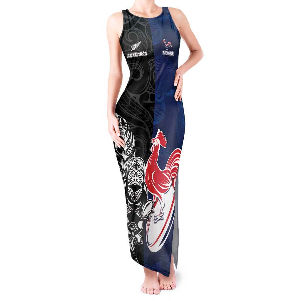 France And New Zealand Rugby Custom Tank Maxi Dress Les Bleus Rooster With Maori Tiki - Aussie Hoodie