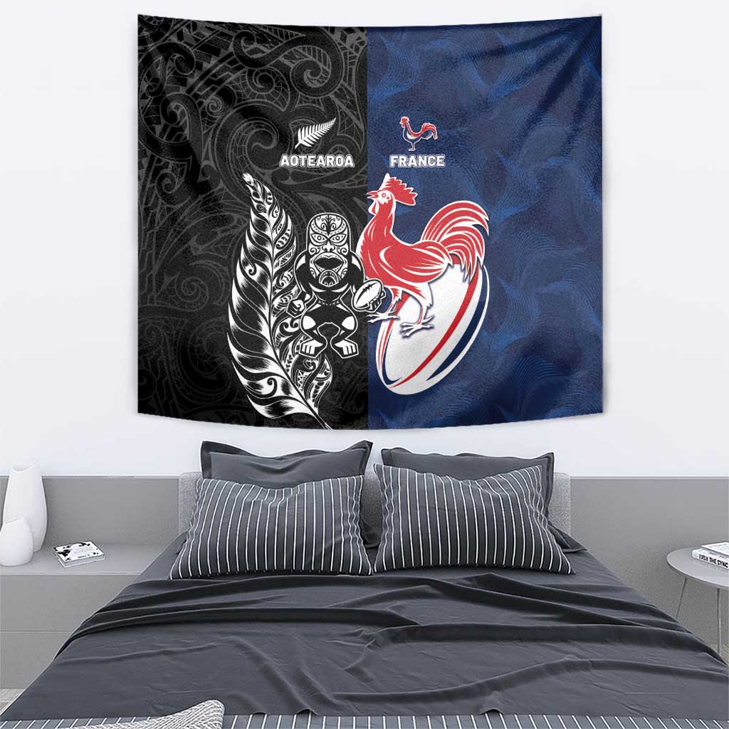 France And New Zealand Rugby Tapestry Les Bleus Rooster With Maori Tiki - Aussie Hoodie