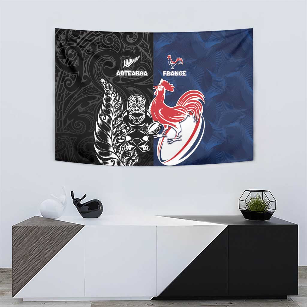 France And New Zealand Rugby Tapestry Les Bleus Rooster With Maori Tiki - Aussie Hoodie