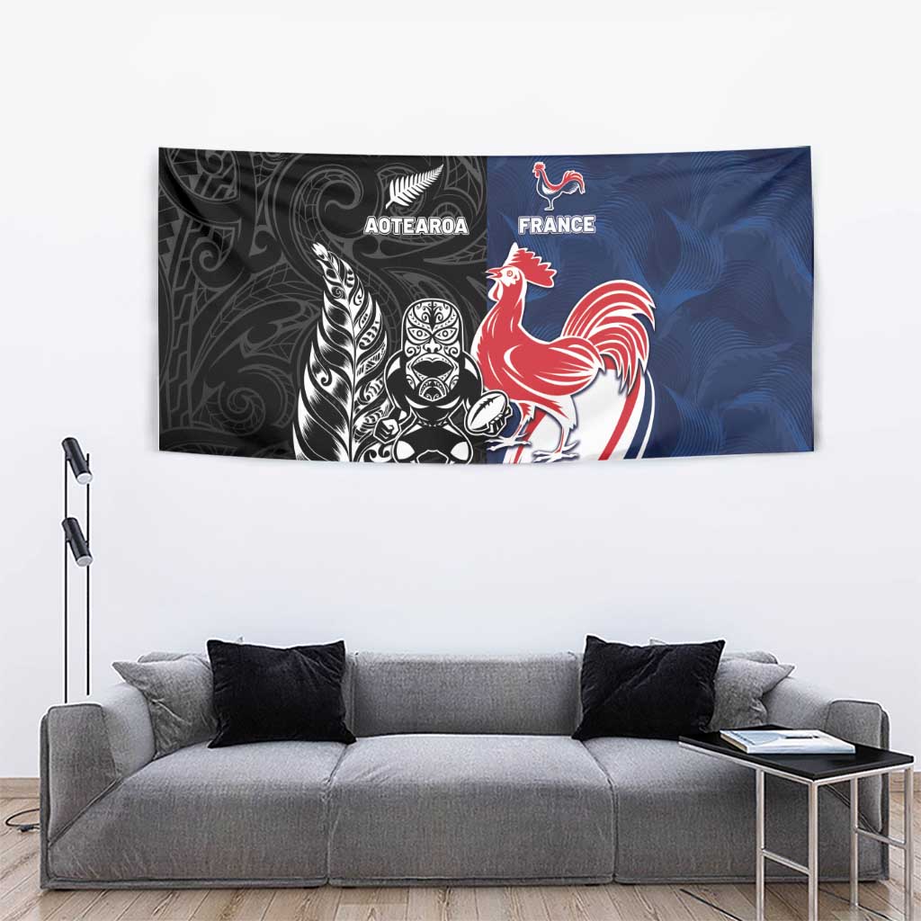 France And New Zealand Rugby Tapestry Les Bleus Rooster With Maori Tiki - Aussie Hoodie