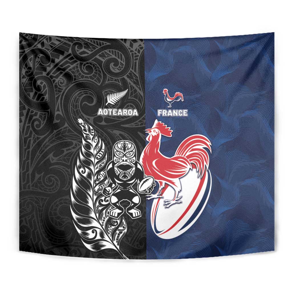 France And New Zealand Rugby Tapestry Les Bleus Rooster With Maori Tiki - Aussie Hoodie