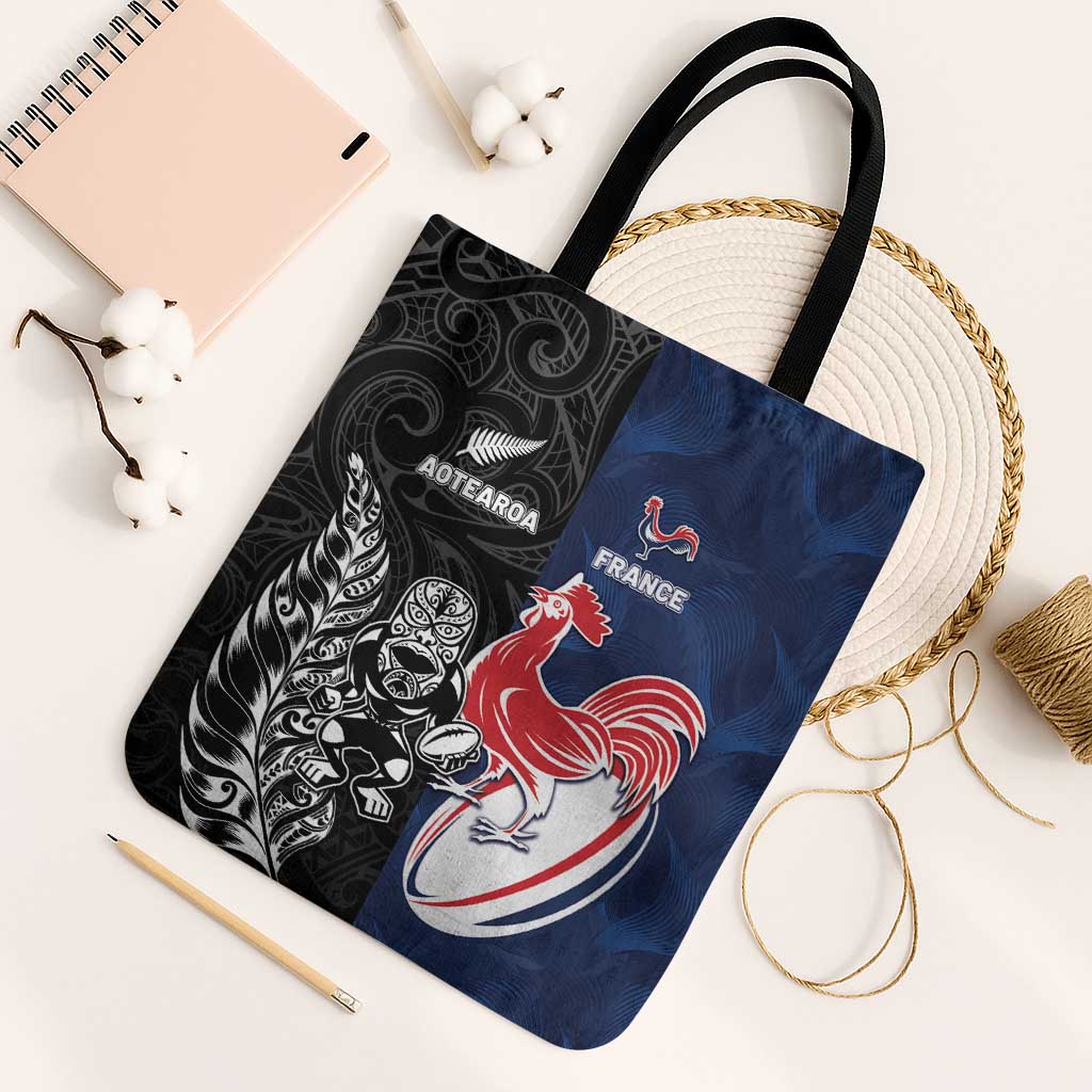 France And New Zealand Rugby Tote Bag Les Bleus Rooster With Maori Tiki - Aussie Hoodie