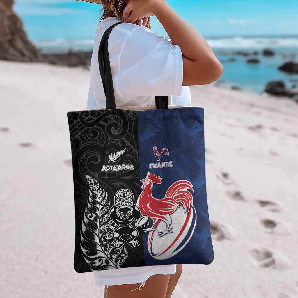 France And New Zealand Rugby Tote Bag Les Bleus Rooster With Maori Tiki - Aussie Hoodie