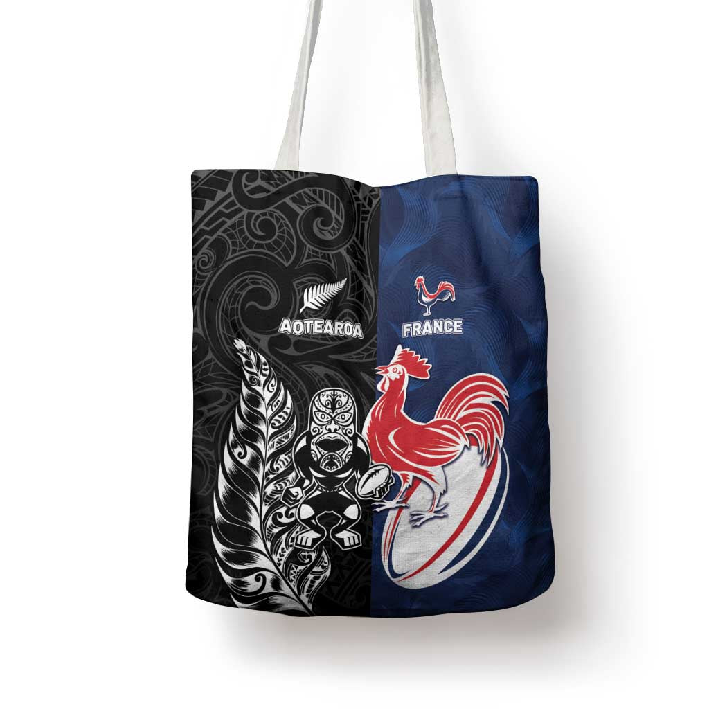 France And New Zealand Rugby Tote Bag Les Bleus Rooster With Maori Tiki - Aussie Hoodie