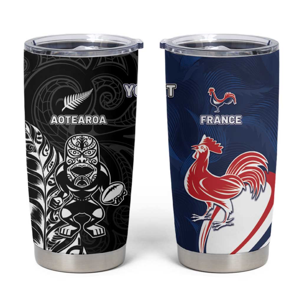 France And New Zealand Rugby Custom Tumbler Cup Les Bleus Rooster With Maori Tiki - Aussie Hoodie