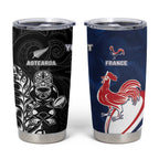 France And New Zealand Rugby Custom Tumbler Cup Les Bleus Rooster With Maori Tiki - Aussie Hoodie