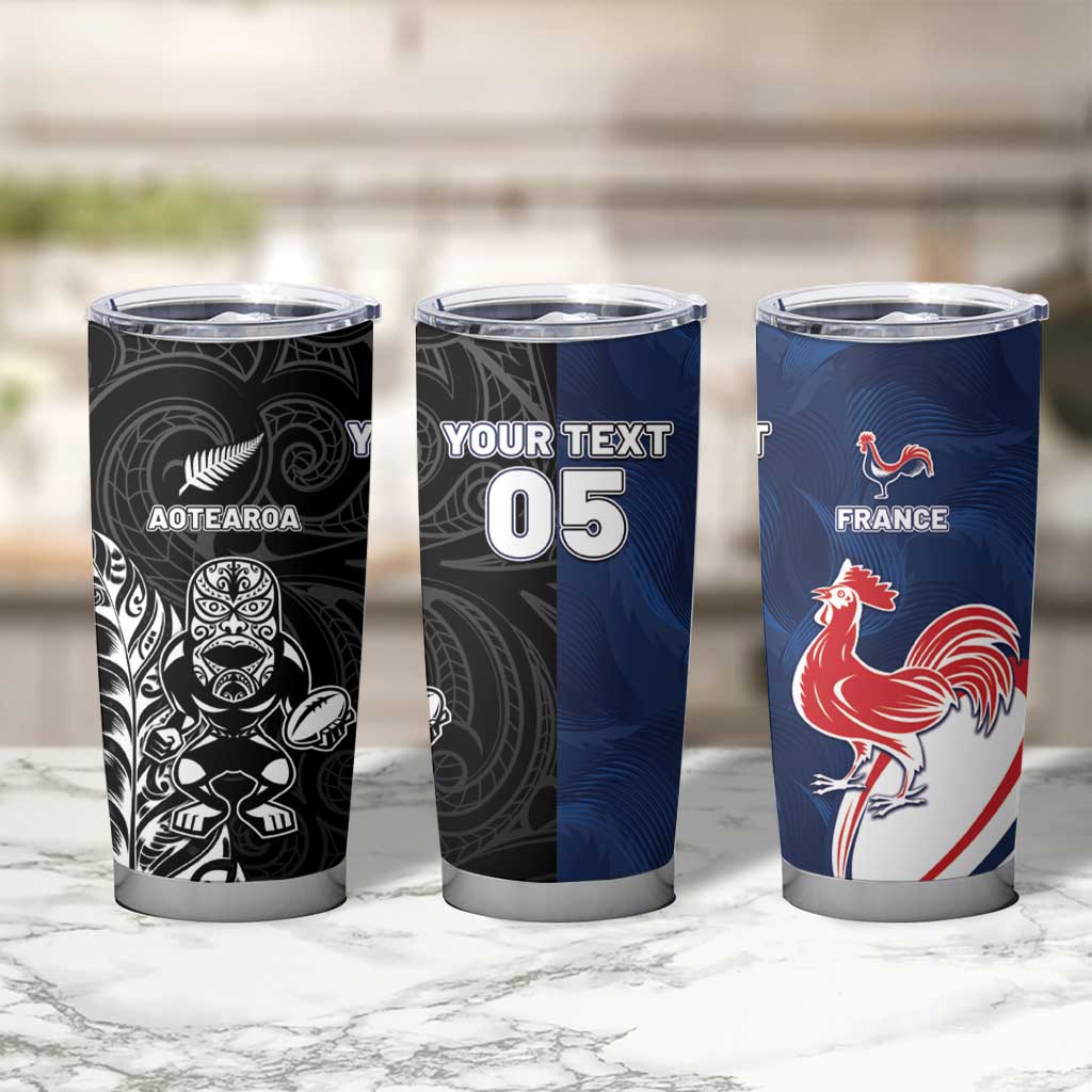 France And New Zealand Rugby Custom Tumbler Cup Les Bleus Rooster With Maori Tiki - Aussie Hoodie