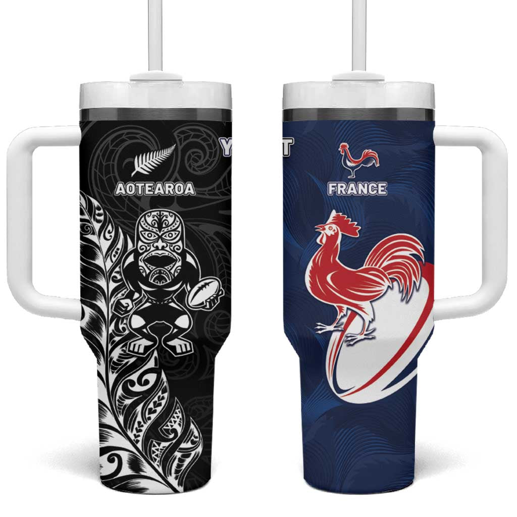 France And New Zealand Rugby Custom Tumbler With Handle Les Bleus Rooster With Maori Tiki - Aussie Hoodie