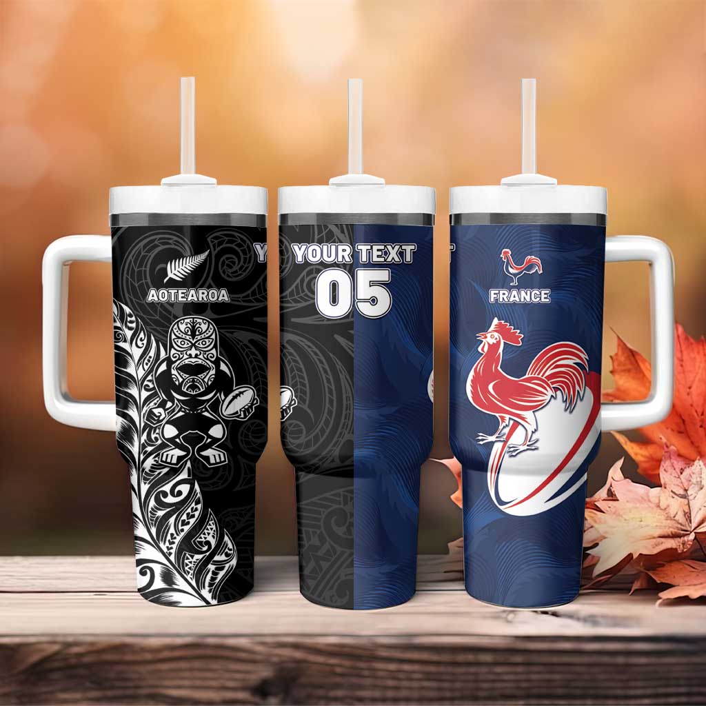 France And New Zealand Rugby Custom Tumbler With Handle Les Bleus Rooster With Maori Tiki - Aussie Hoodie