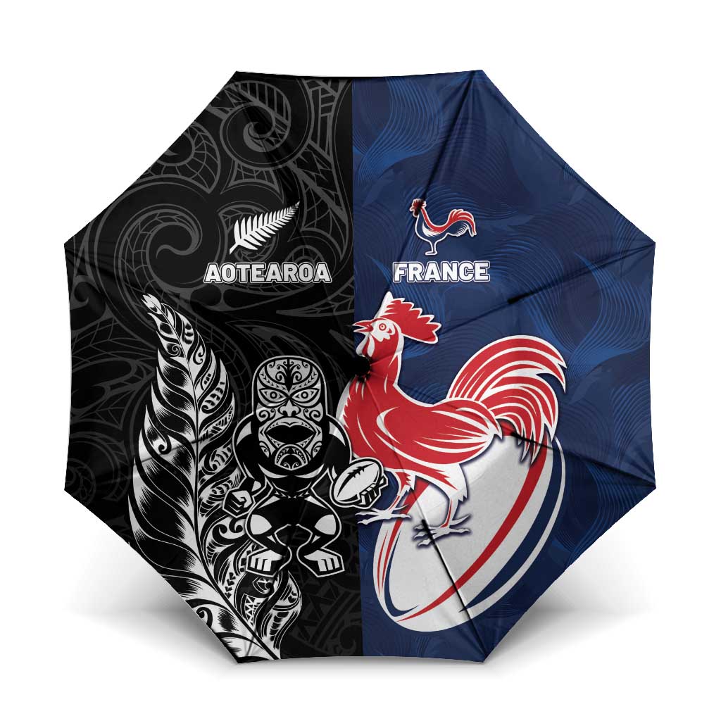 France And New Zealand Rugby Umbrella Les Bleus Rooster With Maori Tiki - Aussie Hoodie