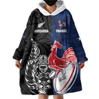 France And New Zealand Rugby Custom Wearable Blanket Hoodie Les Bleus Rooster With Maori Tiki - Aussie Hoodie
