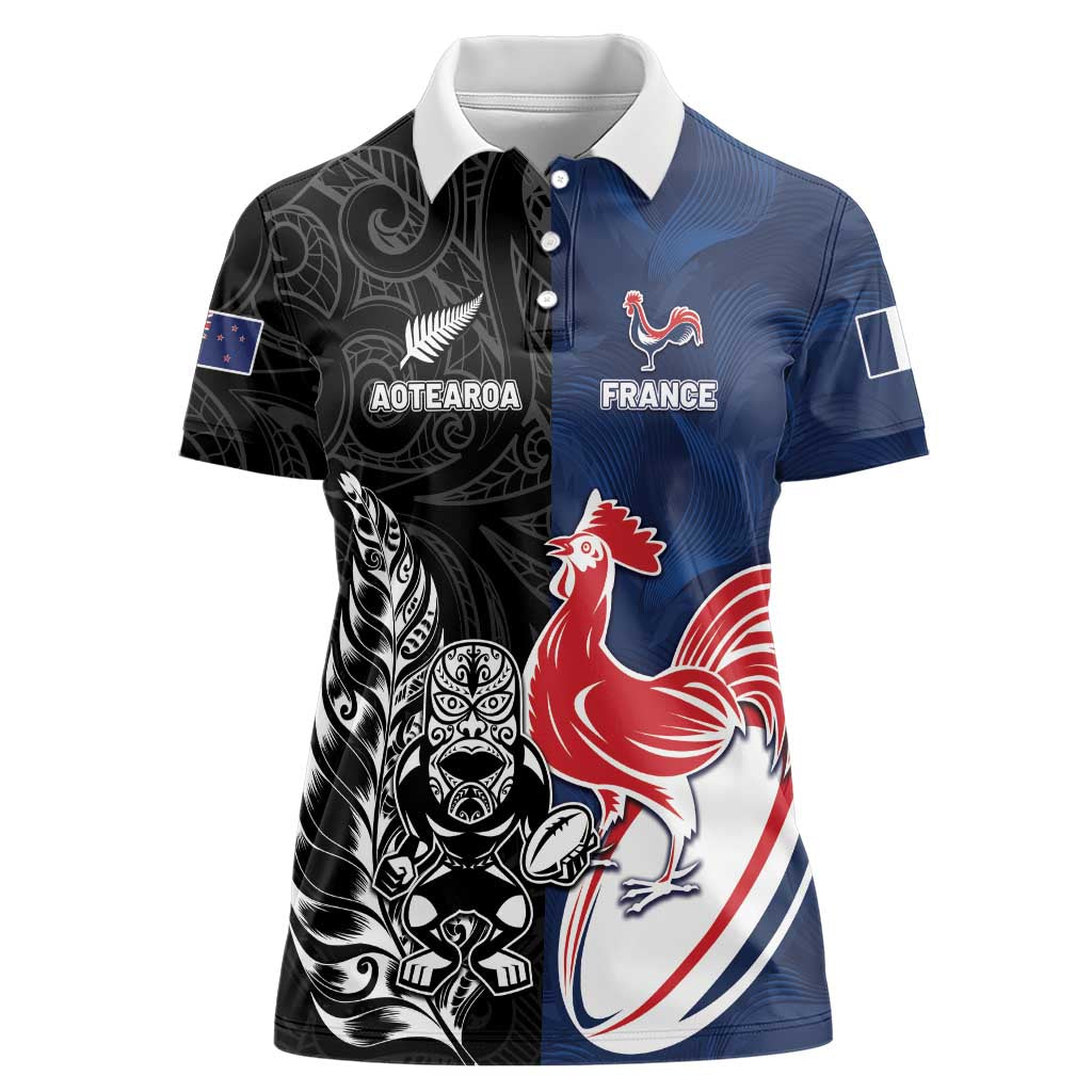 France And New Zealand Rugby Custom Women Polo Shirt Les Bleus Rooster With Maori Tiki - Aussie Hoodie