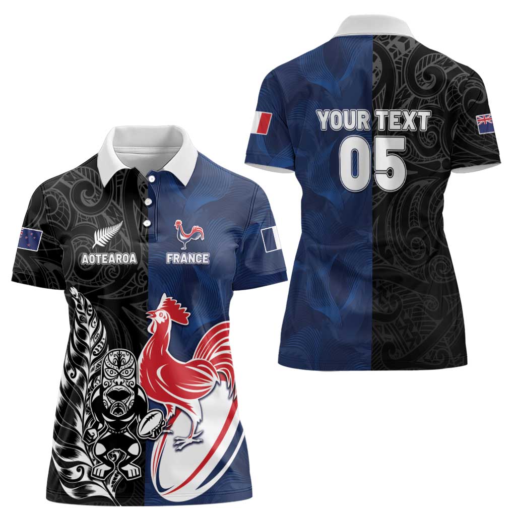 France And New Zealand Rugby Custom Women Polo Shirt Les Bleus Rooster With Maori Tiki - Aussie Hoodie