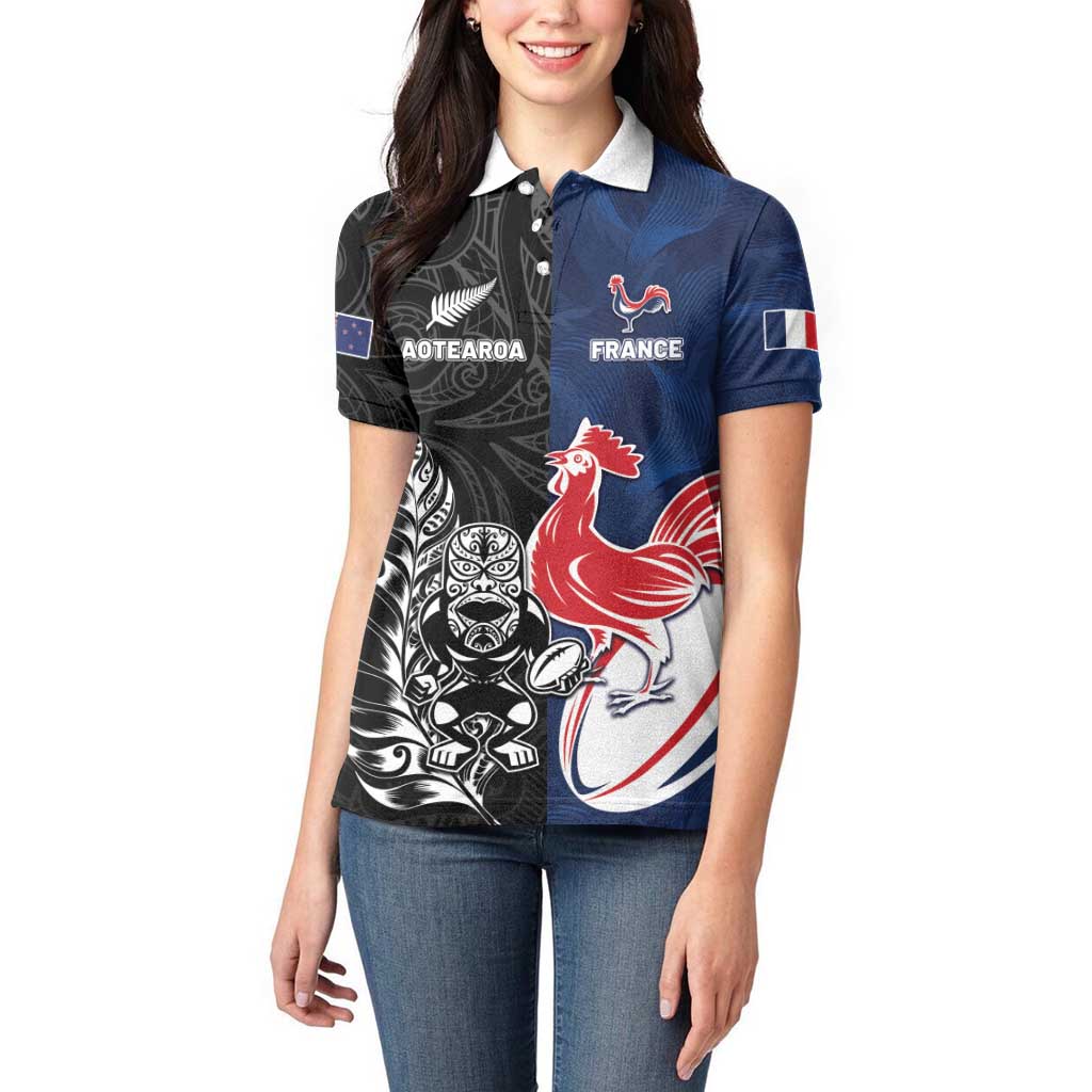 France And New Zealand Rugby Custom Women Polo Shirt Les Bleus Rooster With Maori Tiki - Aussie Hoodie