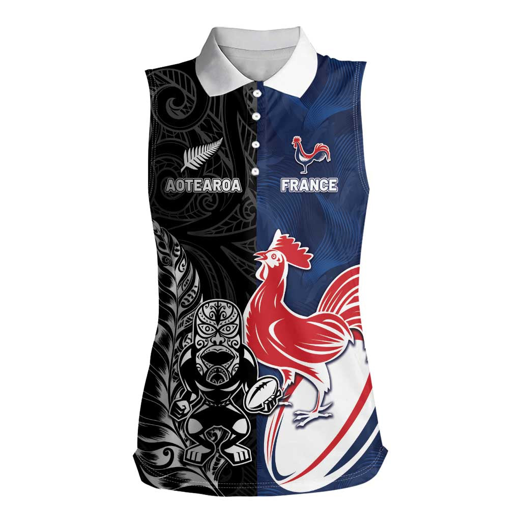 France And New Zealand Rugby Custom Women Sleeveless Polo Shirt Les Bleus Rooster With Maori Tiki - Aussie Hoodie