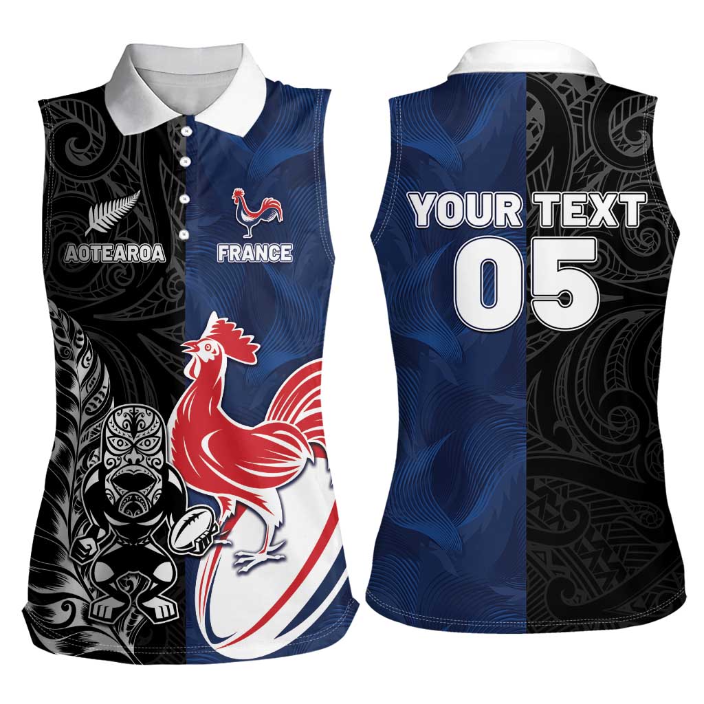 France And New Zealand Rugby Custom Women Sleeveless Polo Shirt Les Bleus Rooster With Maori Tiki - Aussie Hoodie