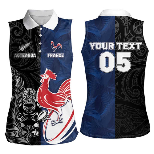 France And New Zealand Rugby Custom Women Sleeveless Polo Shirt Les Bleus Rooster With Maori Tiki - Aussie Hoodie