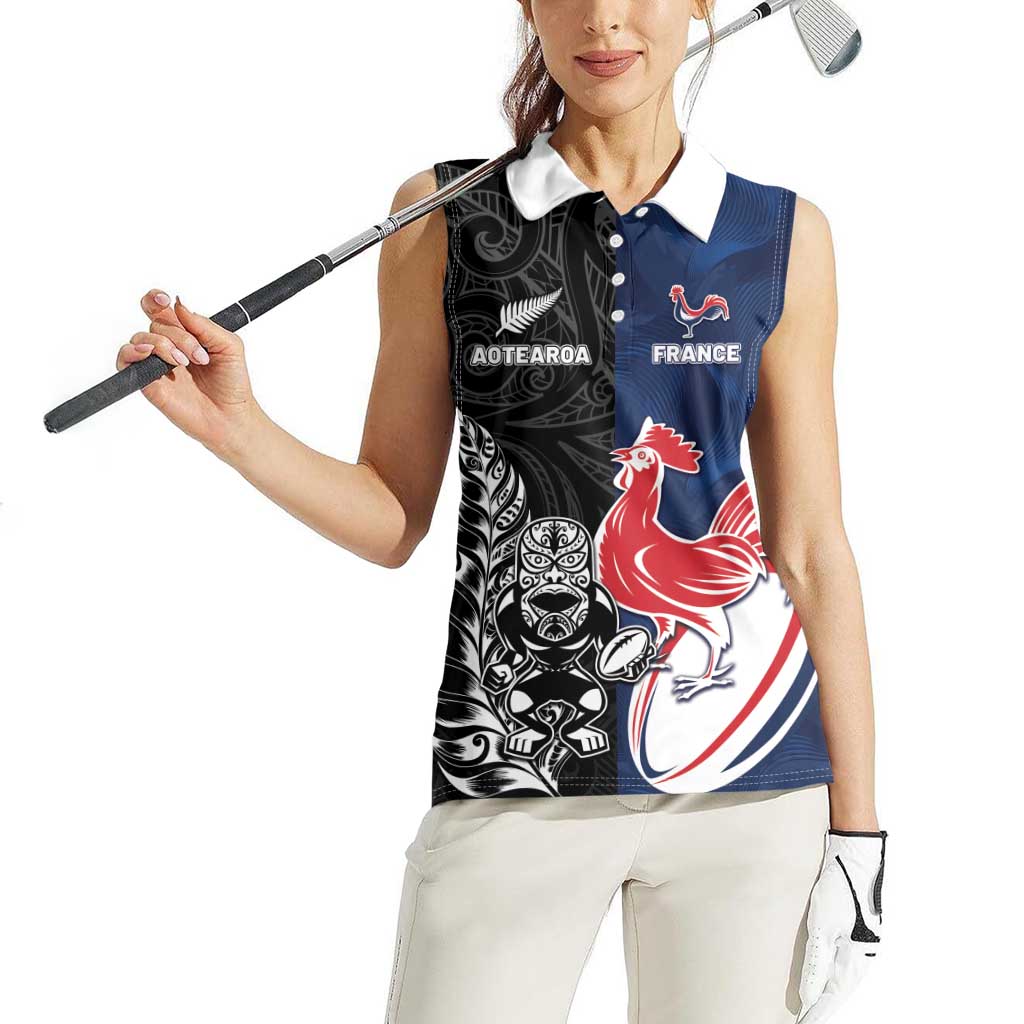 France And New Zealand Rugby Custom Women Sleeveless Polo Shirt Les Bleus Rooster With Maori Tiki - Aussie Hoodie