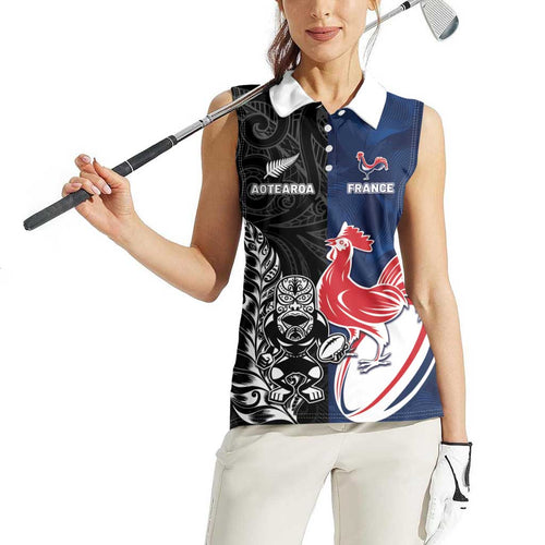 France And New Zealand Rugby Custom Women Sleeveless Polo Shirt Les Bleus Rooster With Maori Tiki - Aussie Hoodie