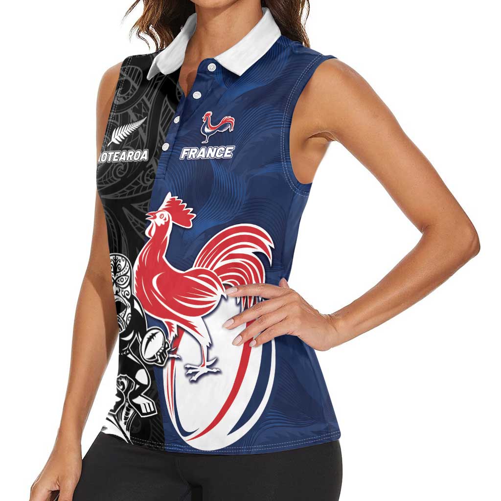 France And New Zealand Rugby Custom Women Sleeveless Polo Shirt Les Bleus Rooster With Maori Tiki - Aussie Hoodie