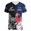 France And New Zealand Rugby Custom Women V-Neck T-Shirt Les Bleus Rooster With Maori Tiki - Aussie Hoodie