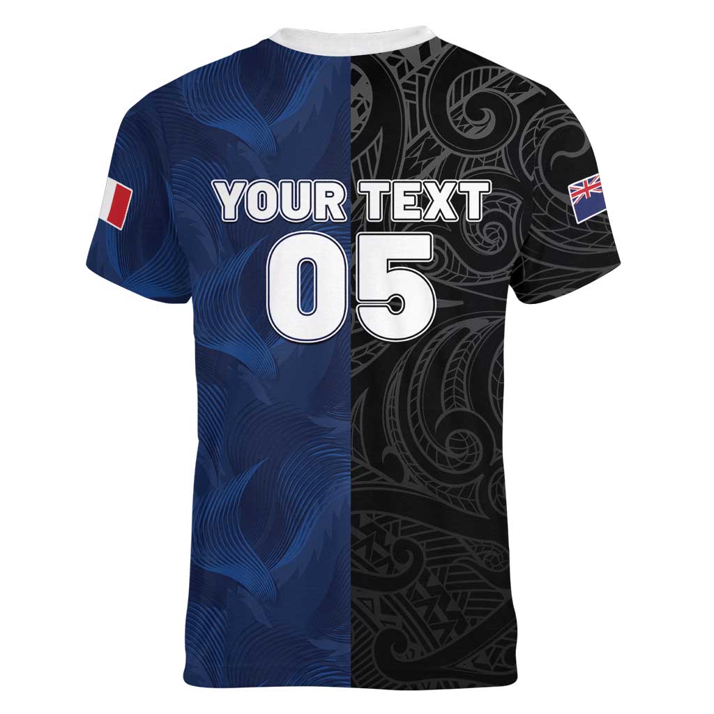 France And New Zealand Rugby Custom Women V-Neck T-Shirt Les Bleus Rooster With Maori Tiki - Aussie Hoodie