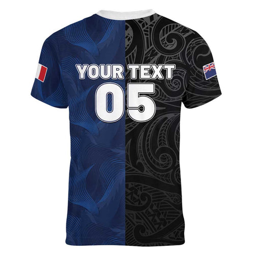 France And New Zealand Rugby Custom Women V-Neck T-Shirt Les Bleus Rooster With Maori Tiki - Aussie Hoodie