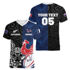France And New Zealand Rugby Custom Women V-Neck T-Shirt Les Bleus Rooster With Maori Tiki - Aussie Hoodie