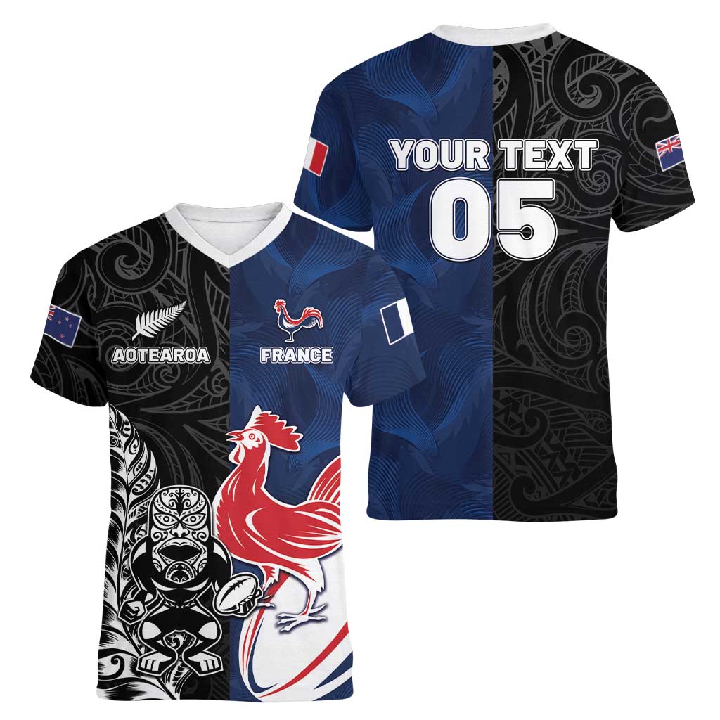 France And New Zealand Rugby Custom Women V-Neck T-Shirt Les Bleus Rooster With Maori Tiki - Aussie Hoodie